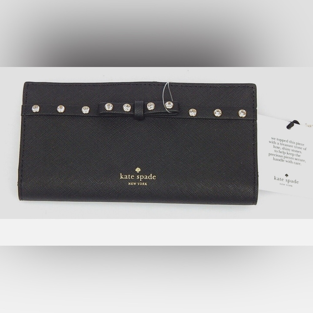NWT KATE SPADE NEW YORK LAUREL WAY JEWELED BLACK LEATHER WALLET NEW AUTHENTIC